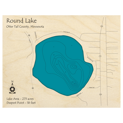 Bathymetric topo map of Round Lake, MN with roads, towns and depths noted in blue water.
