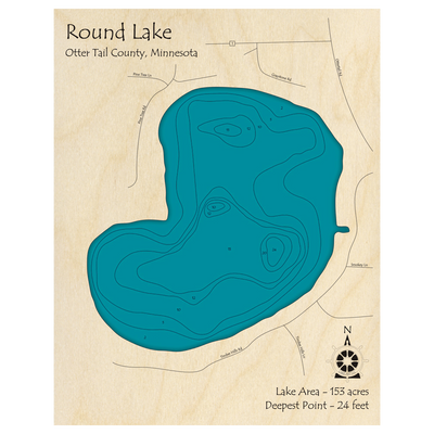 Bathymetric topo map of Round Lake, MN with roads, towns and depths noted in blue water.