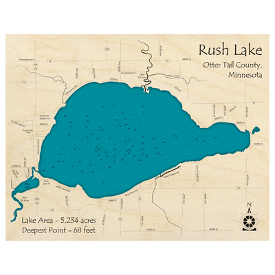 Bathymetric topo map of Rush Lake, MN with roads, towns and depths noted in blue water.