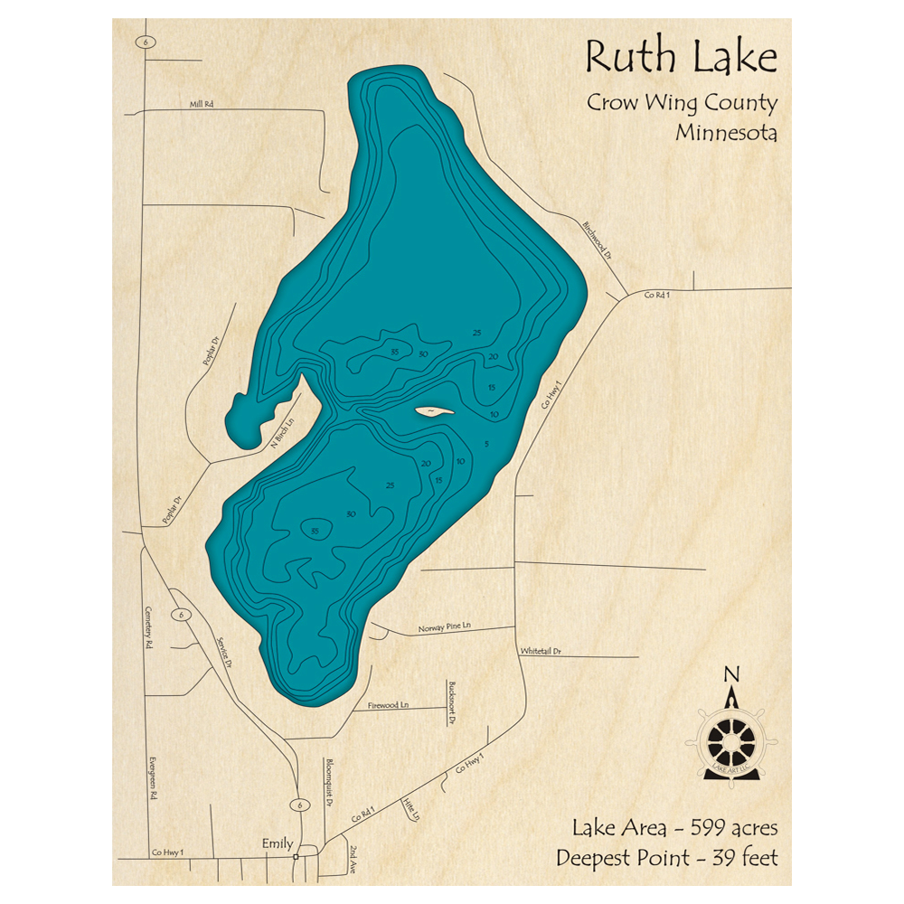 Bathymetric topo map of Ruth Lake, MN with roads, towns and depths noted in blue water.