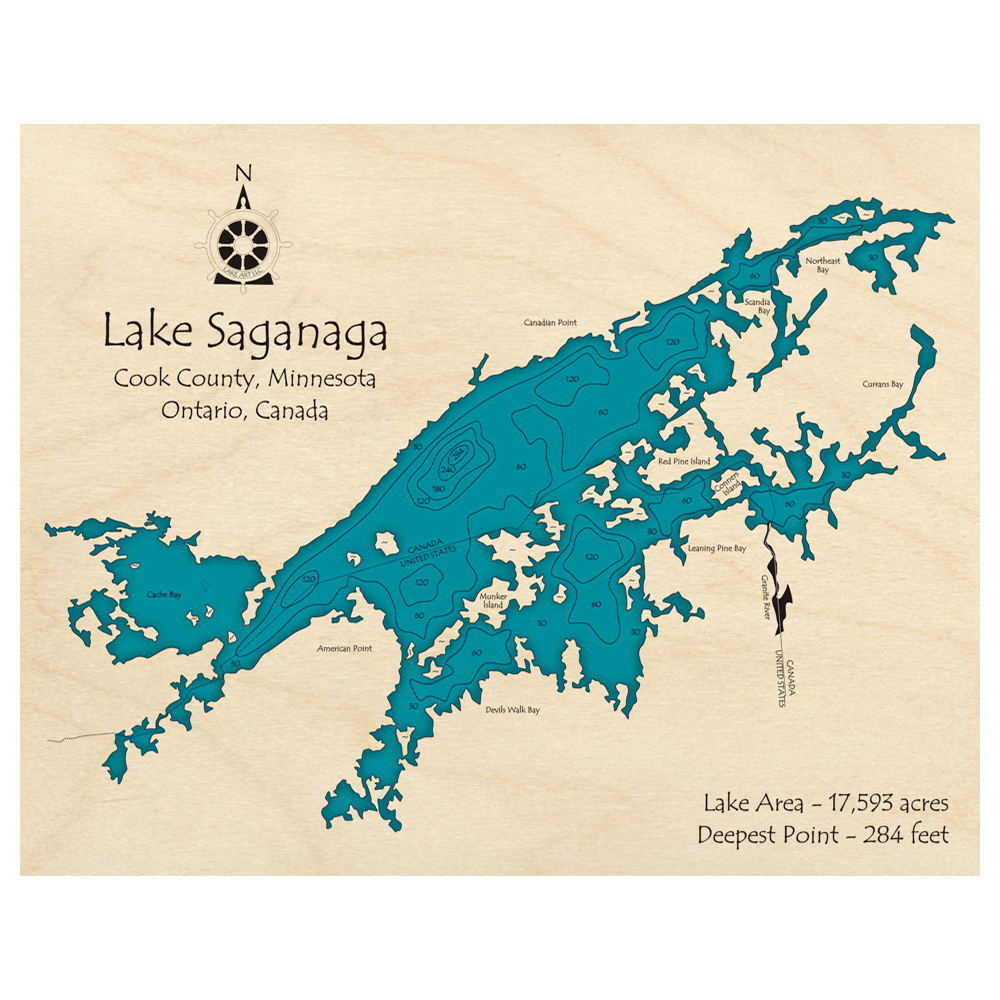 Bathymetric topo map of Lake Saganaga (ON, MN) with roads, towns and depths noted in blue water.