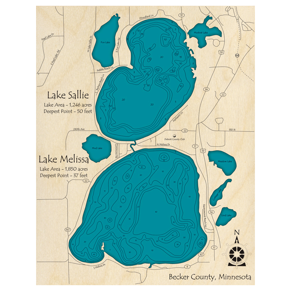 Bathymetric topo map of Lake Sallie and Lake Melissa, MN with roads, towns and depths noted in blue water.