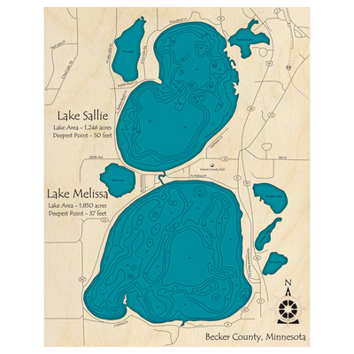 Bathymetric topo map of Lake Sallie and Lake Melissa, MN with roads, towns and depths noted in blue water.