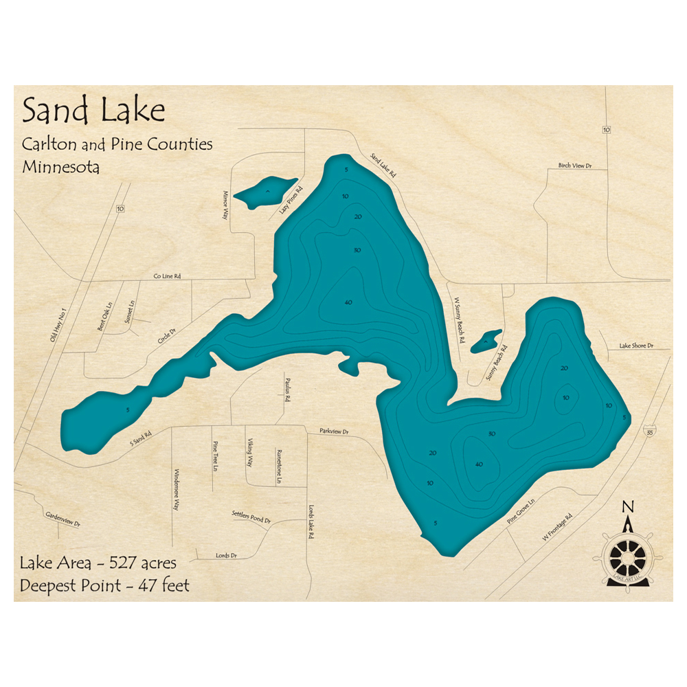Bathymetric topo map of Sand Lake, MN with roads, towns and depths noted in blue water.