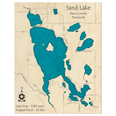 Bathymetric topo map of Sand Lake, MN with roads, towns and depths noted in blue water.