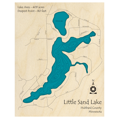 Bathymetric topo map of Little Sand Lake, MN with roads, towns and depths noted in blue water.