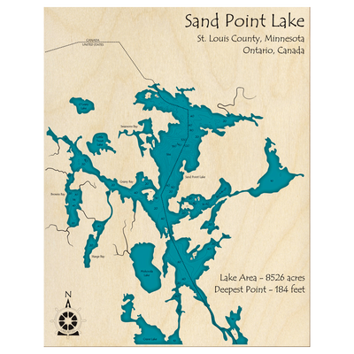 Bathymetric topo map of Sand Point Lake (ON, MN) with roads, towns and depths noted in blue water.