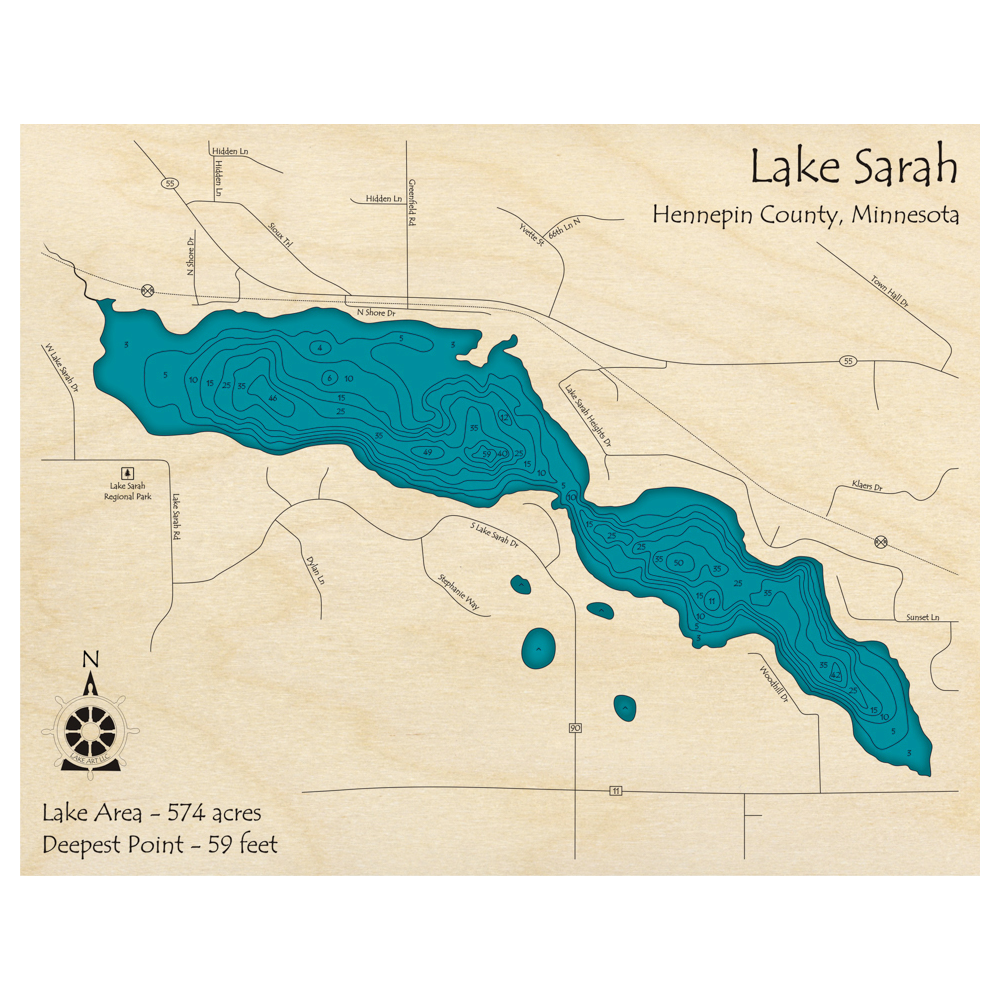 Bathymetric topo map of Lake Sarah, MN with roads, towns and depths noted in blue water.