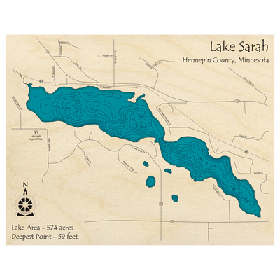 Bathymetric topo map of Lake Sarah, MN with roads, towns and depths noted in blue water.