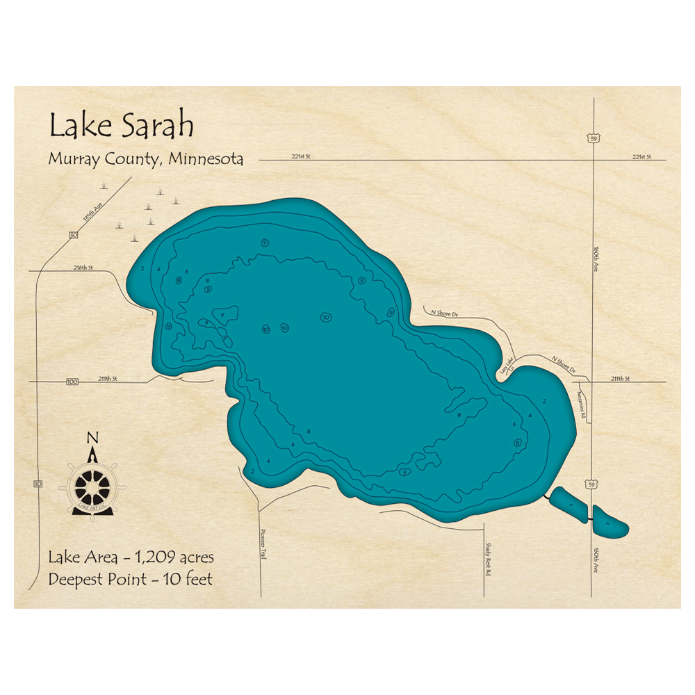 Bathymetric topo map of Lake Sarah, MN with roads, towns and depths noted in blue water.