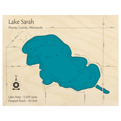Bathymetric topo map of Lake Sarah, MN with roads, towns and depths noted in blue water.