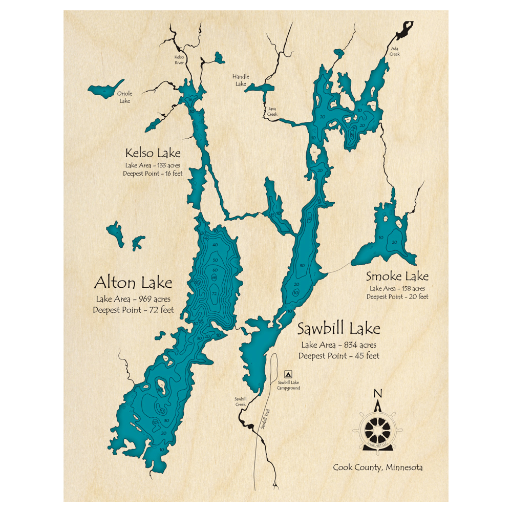 Bathymetric topo map of Sawbill and Alton Lake, MN with roads, towns and depths noted in blue water.