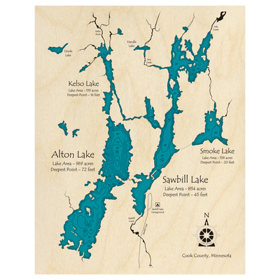 Bathymetric topo map of Sawbill and Alton Lake, MN with roads, towns and depths noted in blue water.