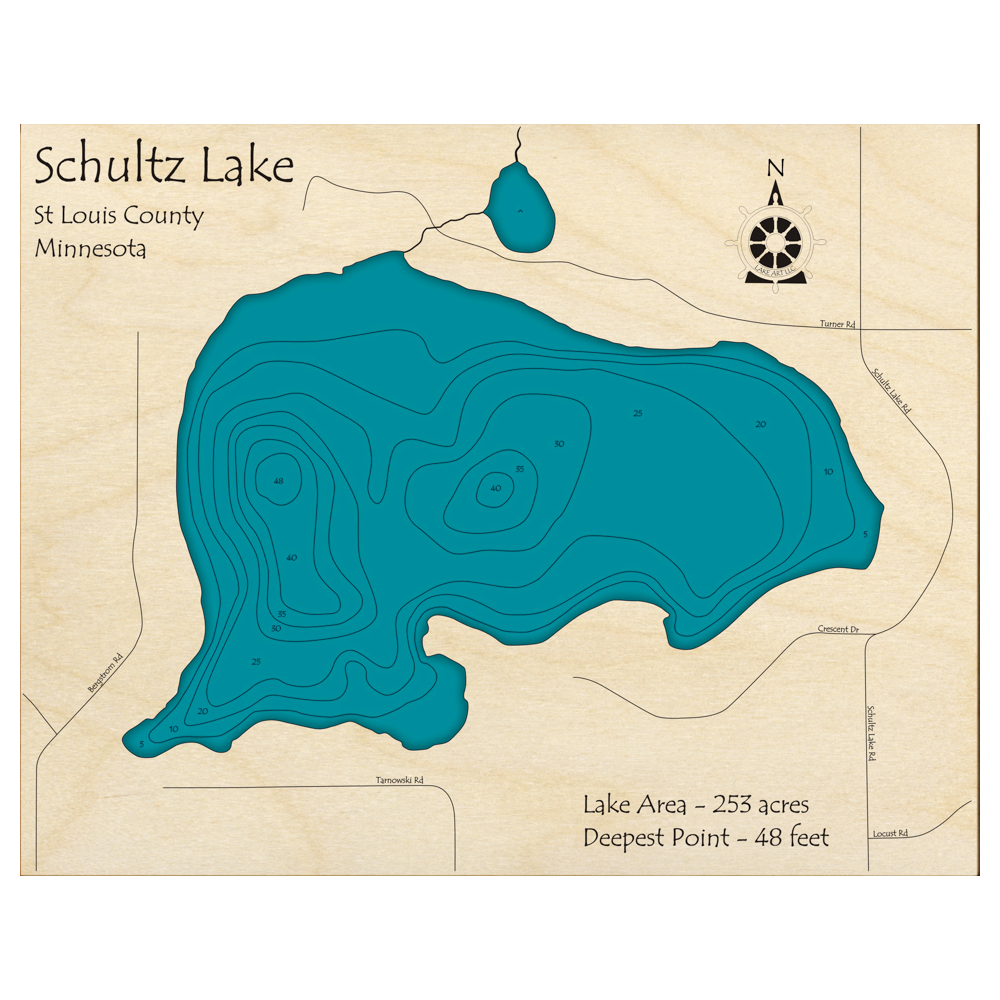 Bathymetric topo map of Schultz Lake, MN with roads, towns and depths noted in blue water.