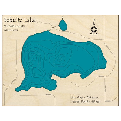 Bathymetric topo map of Schultz Lake, MN with roads, towns and depths noted in blue water.