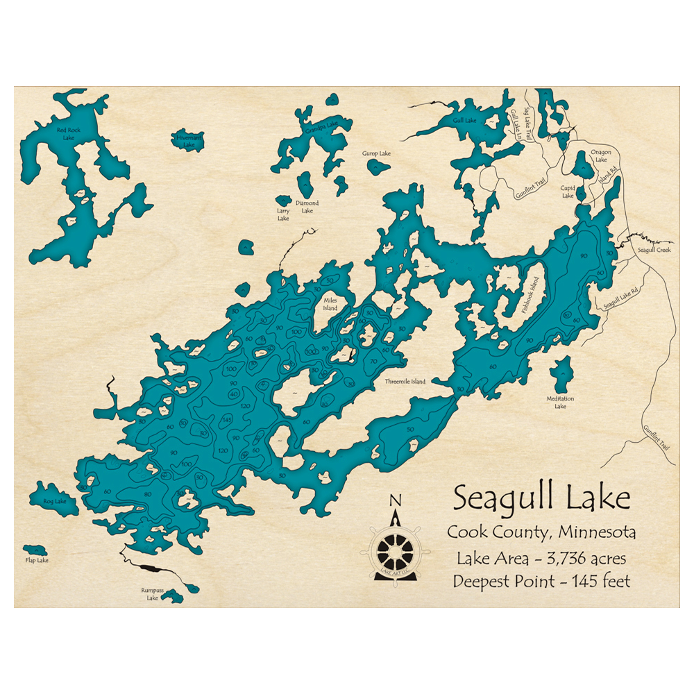 Bathymetric topo map of Sea Gull Lake, MN with roads, towns and depths noted in blue water.
