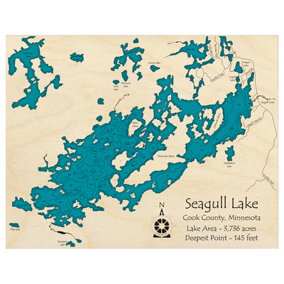 Bathymetric topo map of Sea Gull Lake, MN with roads, towns and depths noted in blue water.