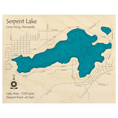 Bathymetric topo map of Serpent Lake, MN with roads, towns and depths noted in blue water.