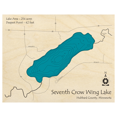 Bathymetric topo map of Seventh Crow Wing Lake, MN with roads, towns and depths noted in blue water.