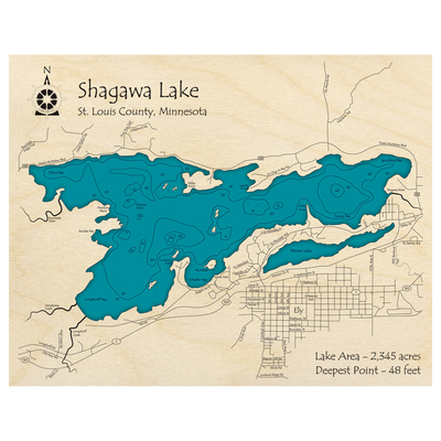 Bathymetric topo map of Shagawa Lake, MN with roads, towns and depths noted in blue water.