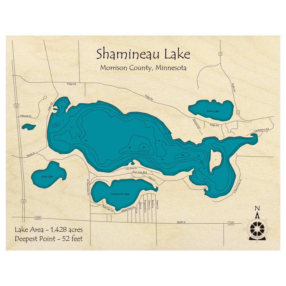 Bathymetric topo map of Shamineau Lake, MN with roads, towns and depths noted in blue water.