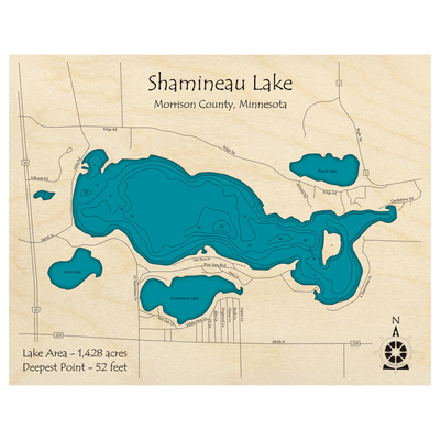 Bathymetric topo map of Shamineau Lake, MN with roads, towns and depths noted in blue water.