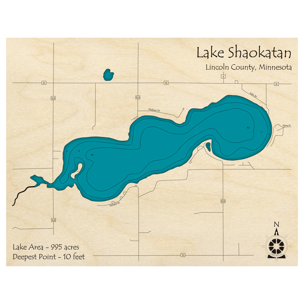 Bathymetric topo map of Lake Shaokatan, MN with roads, towns and depths noted in blue water.