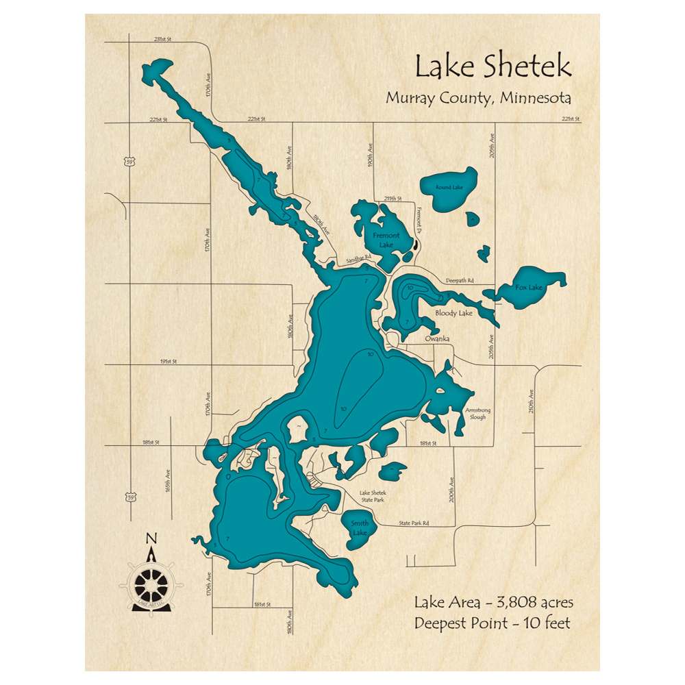 Bathymetric topo map of Lake Shetek, MN with roads, towns and depths noted in blue water.