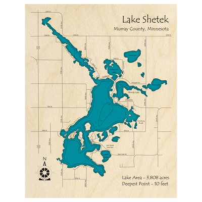 Bathymetric topo map of Lake Shetek, MN with roads, towns and depths noted in blue water.
