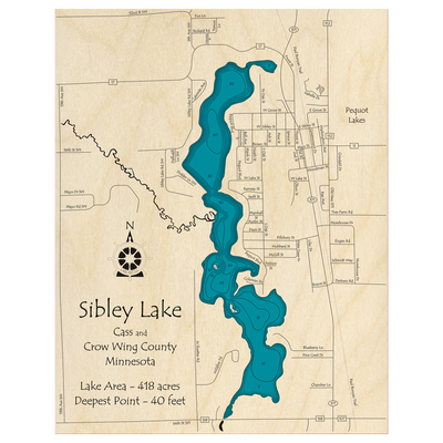 Bathymetric topo map of Sibley Lake, MN with roads, towns and depths noted in blue water.
