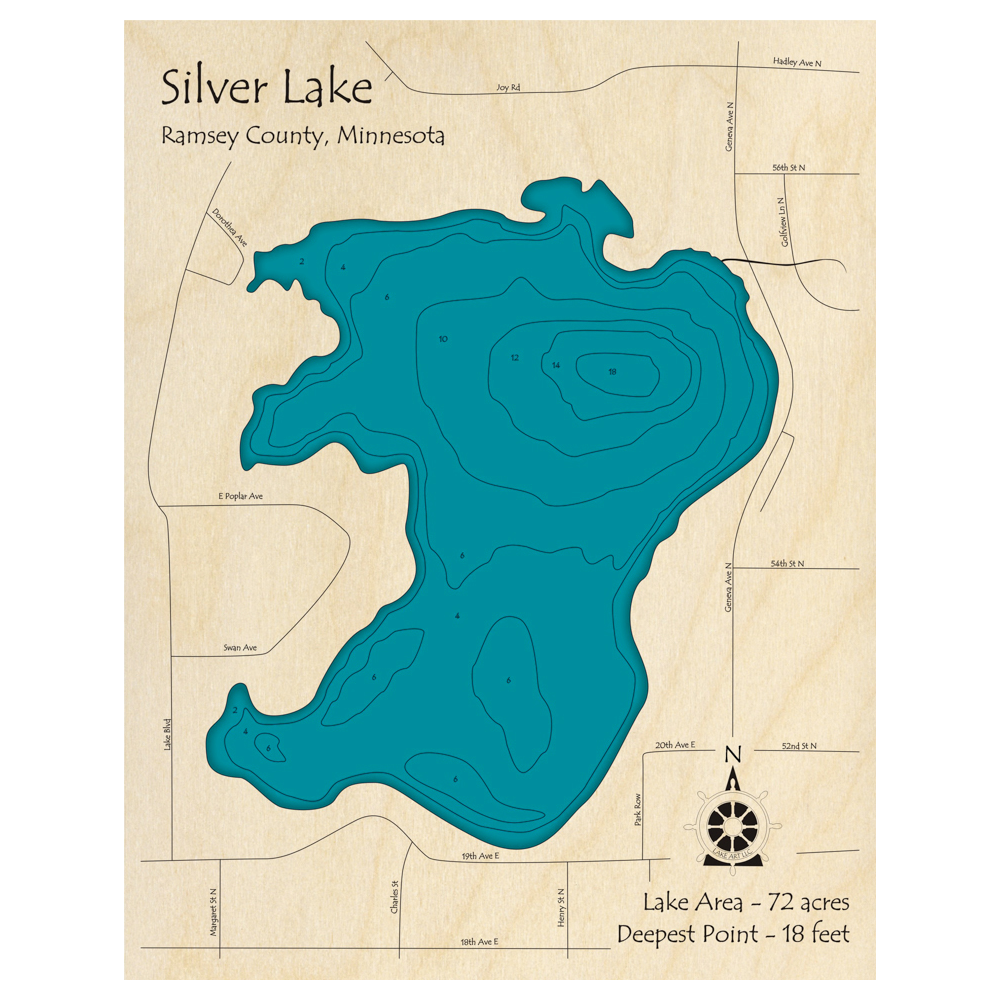 Bathymetric topo map of Silver Lake, MN with roads, towns and depths noted in blue water.