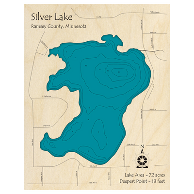 Bathymetric topo map of Silver Lake, MN with roads, towns and depths noted in blue water.