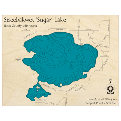 Bathymetric topo map of Siseebakwet Lake, MN with roads, towns and depths noted in blue water.