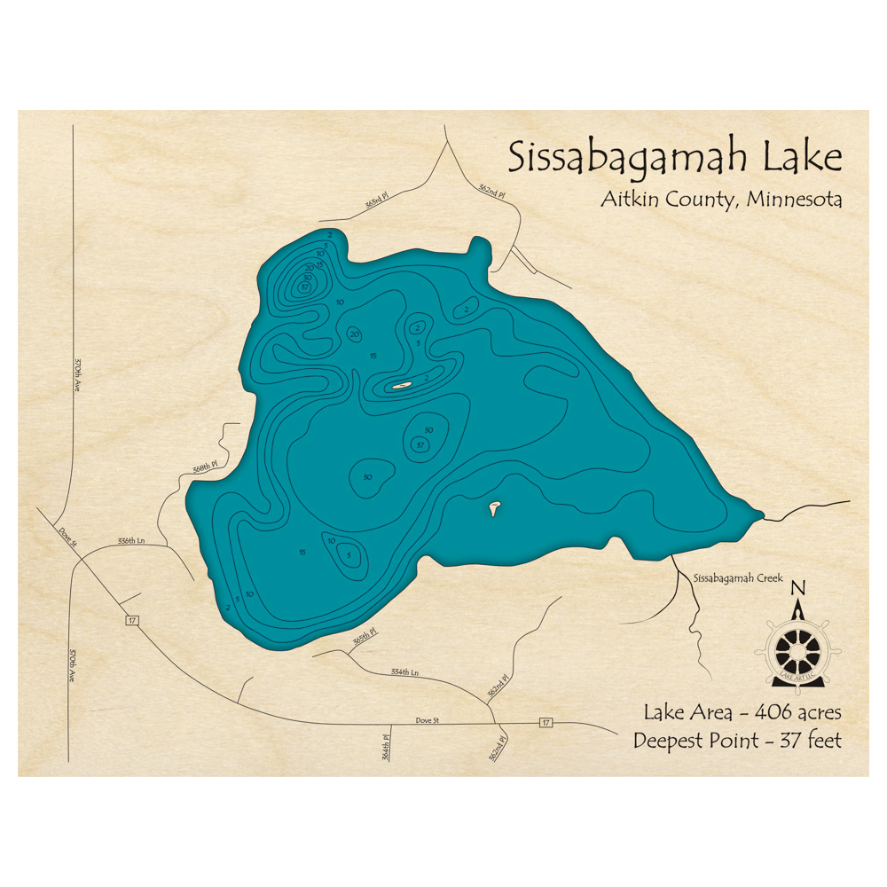 Bathymetric topo map of Sissabagamah Lake, MN with roads, towns and depths noted in blue water.