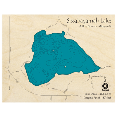 Bathymetric topo map of Sissabagamah Lake, MN with roads, towns and depths noted in blue water.