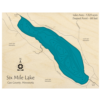 Bathymetric topo map of Six Mile Lake, MN with roads, towns and depths noted in blue water.
