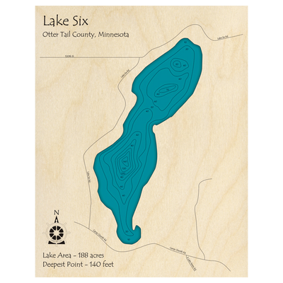 Bathymetric topo map of Lake Six, MN with roads, towns and depths noted in blue water.