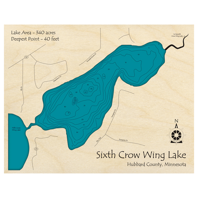Bathymetric topo map of Sixth Crow Wing Lake, MN with roads, towns and depths noted in blue water.
