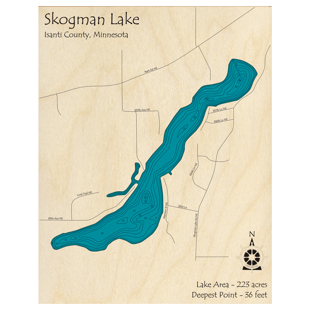 Bathymetric topo map of Skogman Lake, MN with roads, towns and depths noted in blue water.
