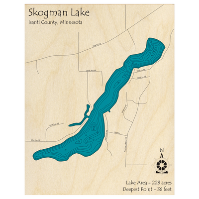 Bathymetric topo map of Skogman Lake, MN with roads, towns and depths noted in blue water.