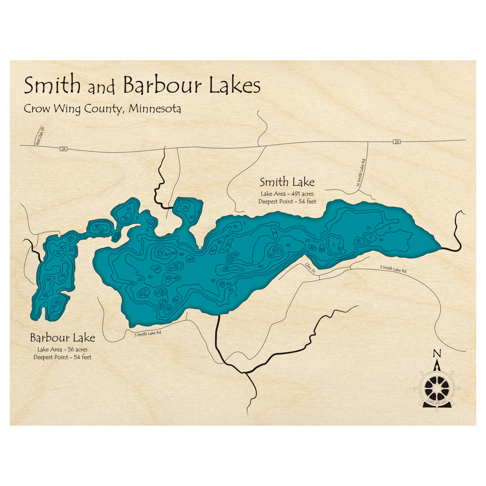 Bathymetric topo map of Smith and Barbour Lakes, MN with roads, towns and depths noted in blue water.