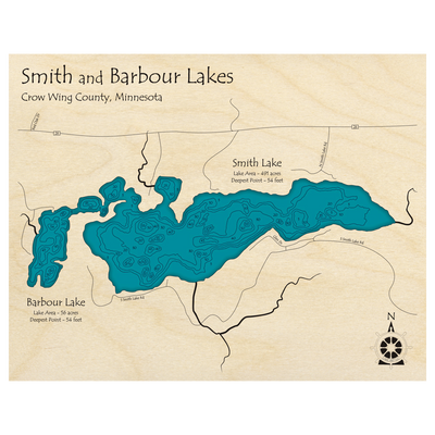 Bathymetric topo map of Smith and Barbour Lakes, MN with roads, towns and depths noted in blue water.