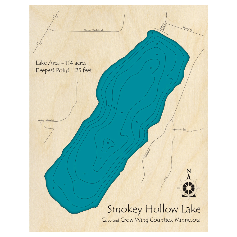 Smokey Hollow Lake, Minnesota 3D Custom Wood Map – Lake Art LLC