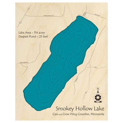 Bathymetric topo map of Smokey Hollow Lake, MN with roads, towns and depths noted in blue water.