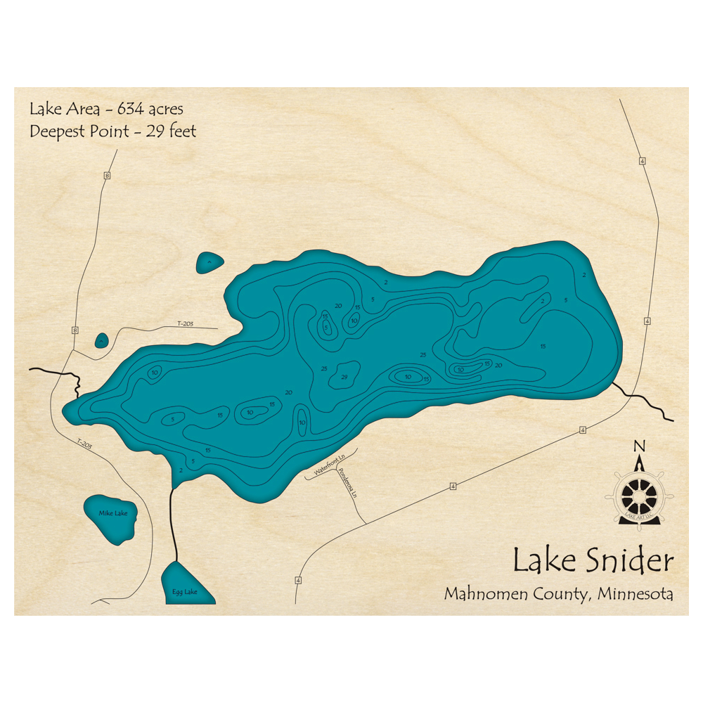 Bathymetric topo map of Lake Snider, MN with roads, towns and depths noted in blue water.