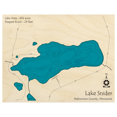 Bathymetric topo map of Lake Snider, MN with roads, towns and depths noted in blue water.