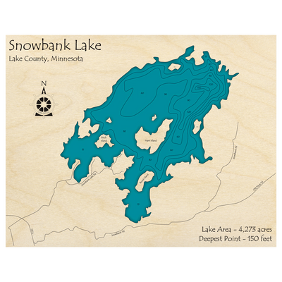 Bathymetric topo map of Snowbank Lake, MN with roads, towns and depths noted in blue water.
