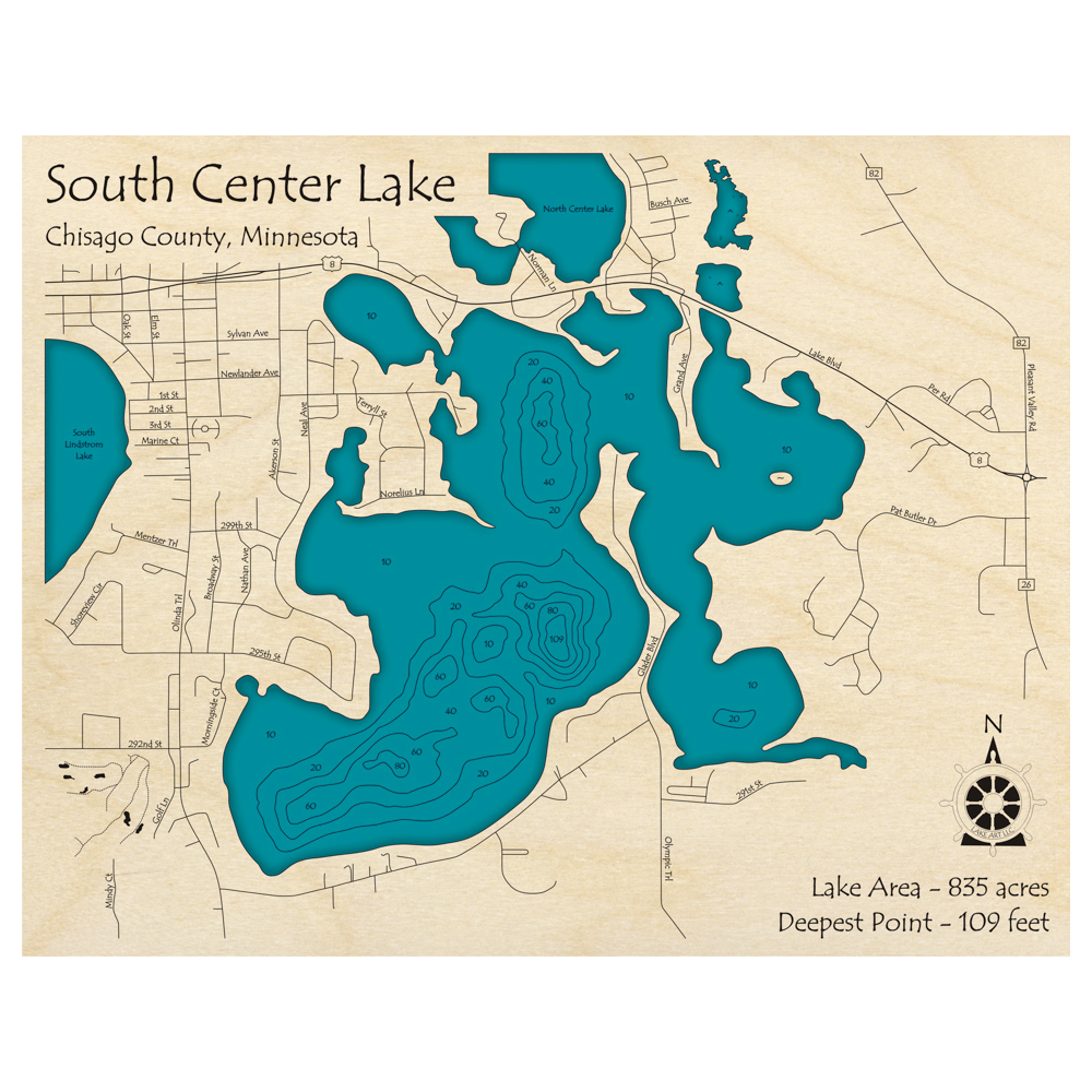South Center Lake, Minnesota 3D Custom Wood Map – Lake Art LLC