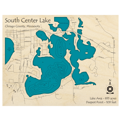 Bathymetric topo map of South Center Lake, MN with roads, towns and depths noted in blue water.