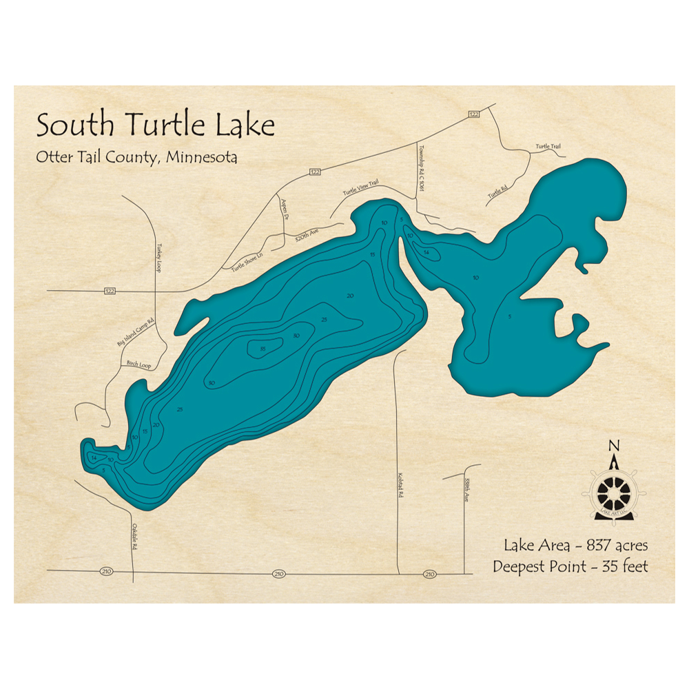 Bathymetric topo map of South Turtle Lake, MN with roads, towns and depths noted in blue water.